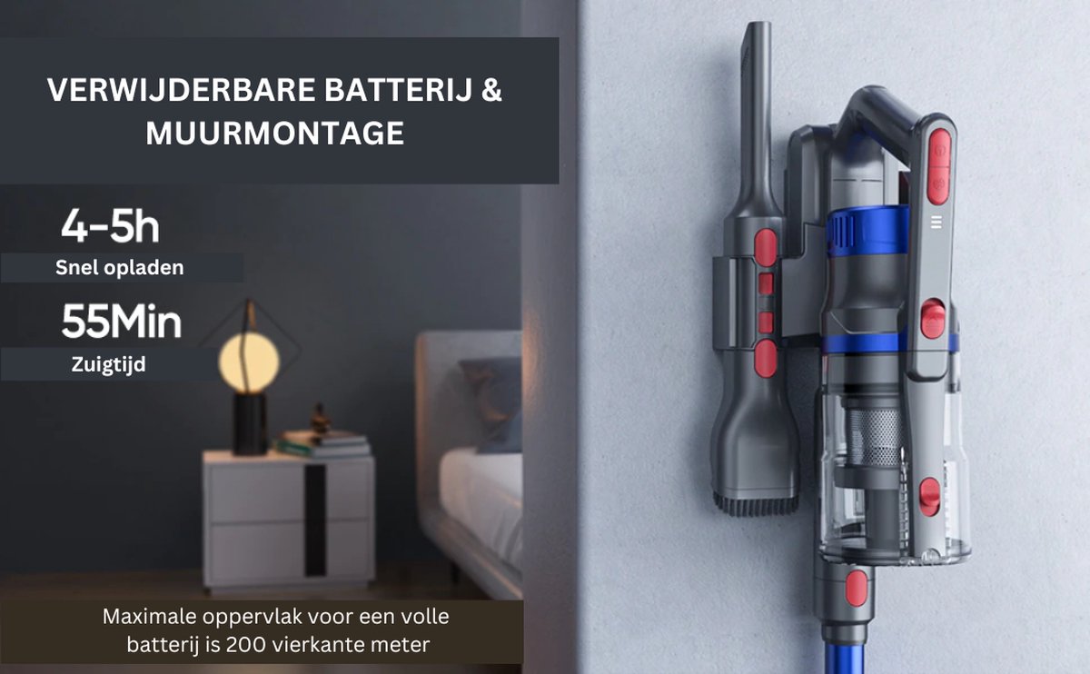 Steelstofzuiger - Steelstofzuiger Zonder Zak Op Accu - Kruimeldief Best Verkocht - Handstofzuiger Met Steel - 36 KPA - Blauw