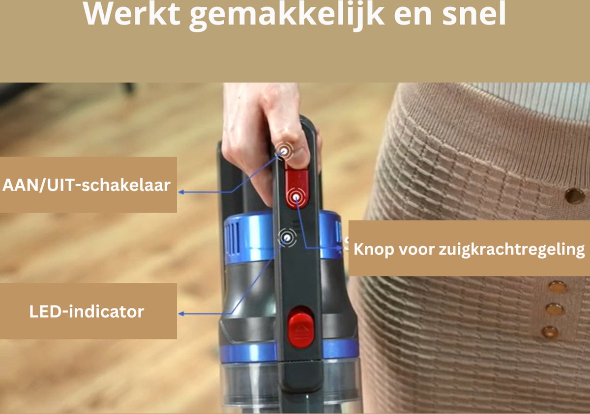Steelstofzuiger - Steelstofzuiger Zonder Zak Op Accu - Kruimeldief Best Verkocht - Handstofzuiger Met Steel - 36 KPA - Blauw