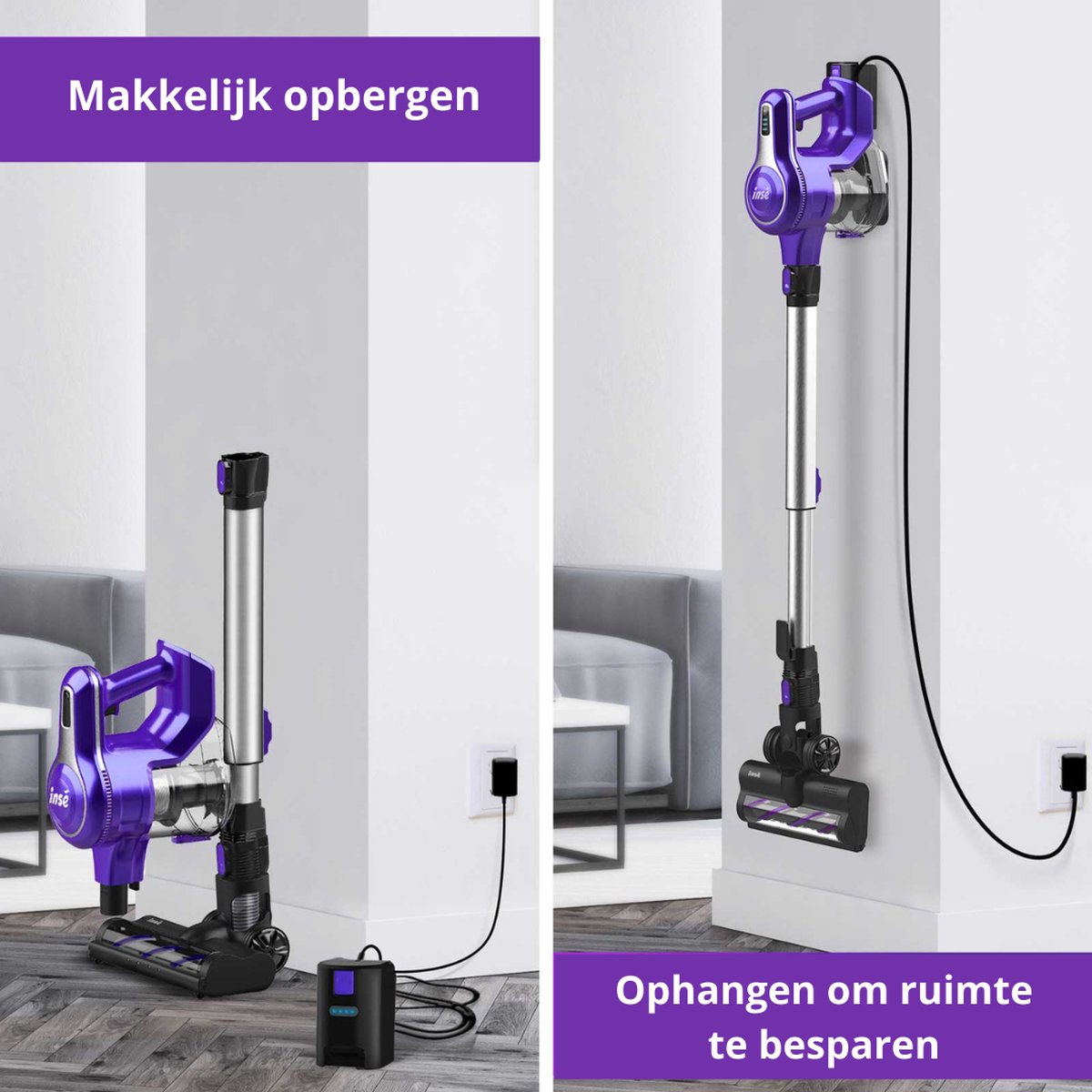 Steelstofzuiger Zonder Zak Op Accu - Kruimeldief Best Verkocht - Handstofzuiger Met Steel - 23 KPA - Paars
