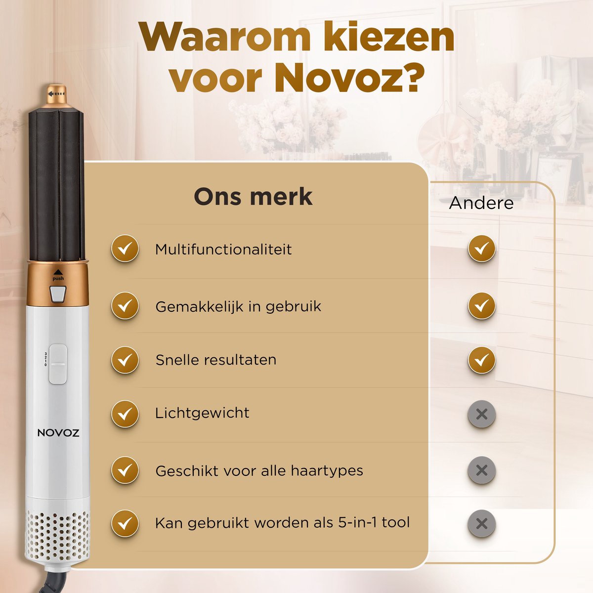 Novoz Krultang 5 in 1 - Multistyler - Airstyler - Multifunctioneel - Fohnborstel - Wit-Goud