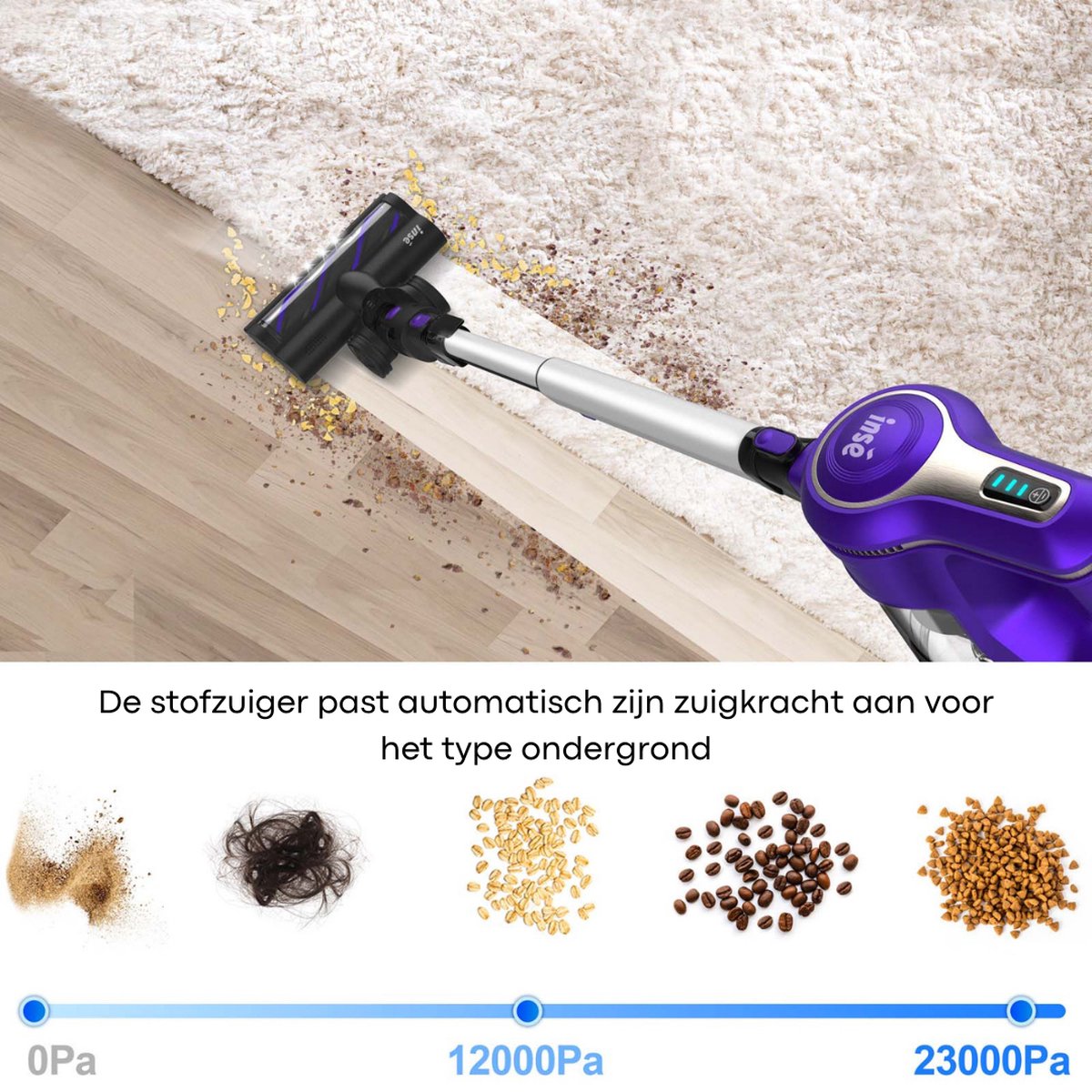 Steelstofzuiger Zonder Zak Op Accu - Kruimeldief Best Verkocht - Handstofzuiger Met Steel - 23 KPA - Paars