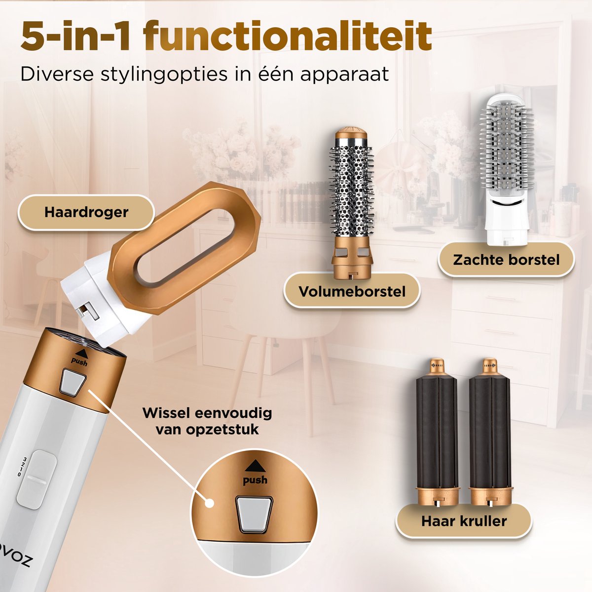 Novoz Krultang 5 in 1 - Multistyler - Airstyler - Multifunctioneel - Fohnborstel - Wit-Goud
