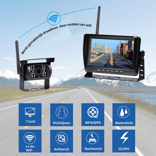Achteruitrijcamera Draadloos - Parkeersensoren - Vrachtwagens - Bussen - Bestelwagens - 1 Camera - 12/24V - Nachtzicht