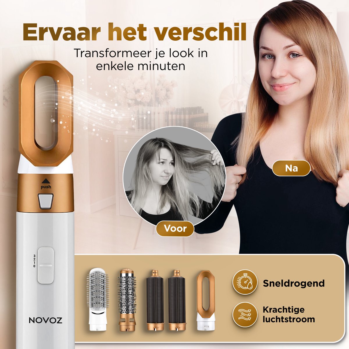 Novoz Krultang 5 in 1 - Multistyler - Airstyler - Multifunctioneel - Fohnborstel - Wit-Goud
