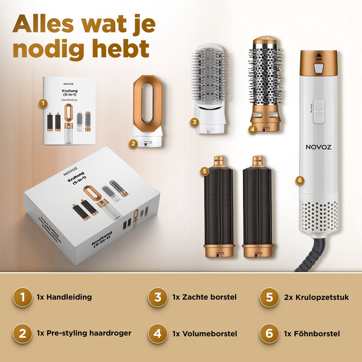 Novoz Krultang 5 in 1 - Multistyler - Airstyler - Multifunctioneel - Fohnborstel - Wit-Goud