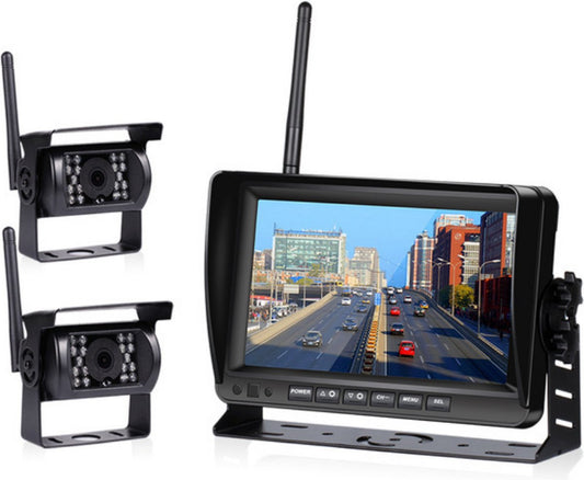 Achteruitrijcamera Draadloos - Parkeersensoren - Vrachtwagens - Bussen - Bestelwagens - 2 Camera's - 12/24V - Nachtzicht